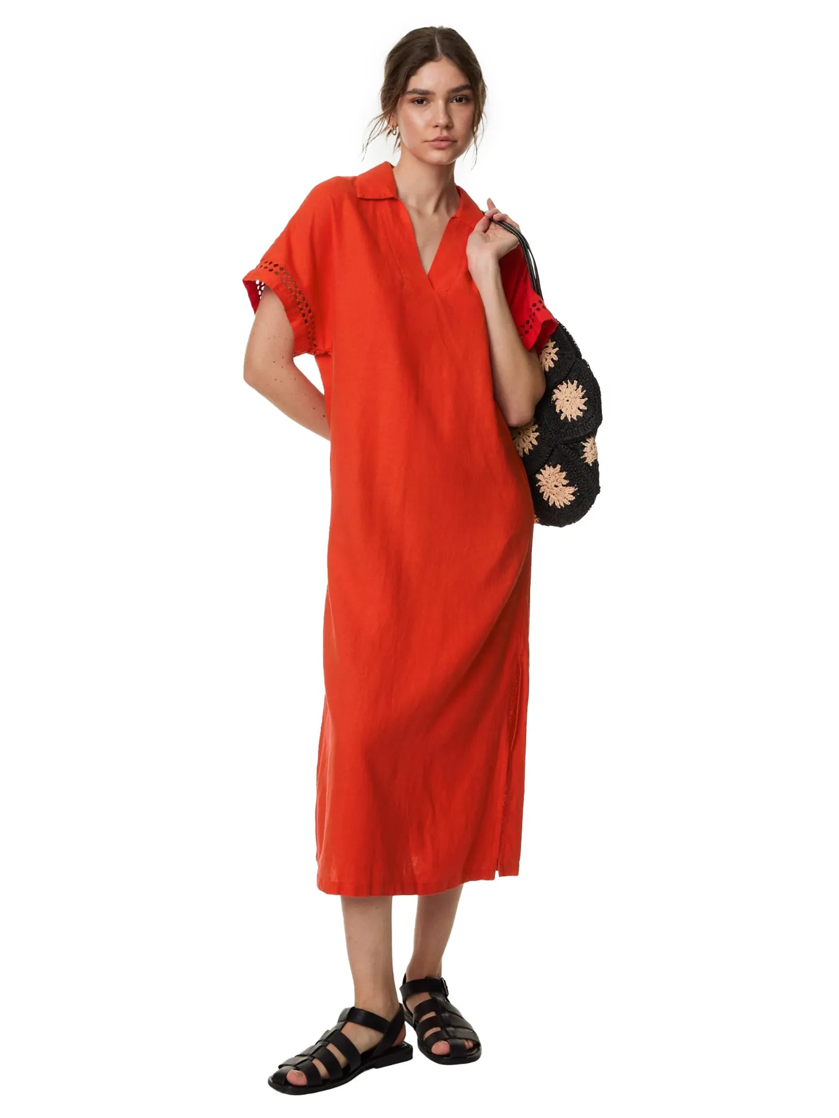 MARKS & SPENCER Women Midi Shift Dress Linen Rich V-Neck Collared