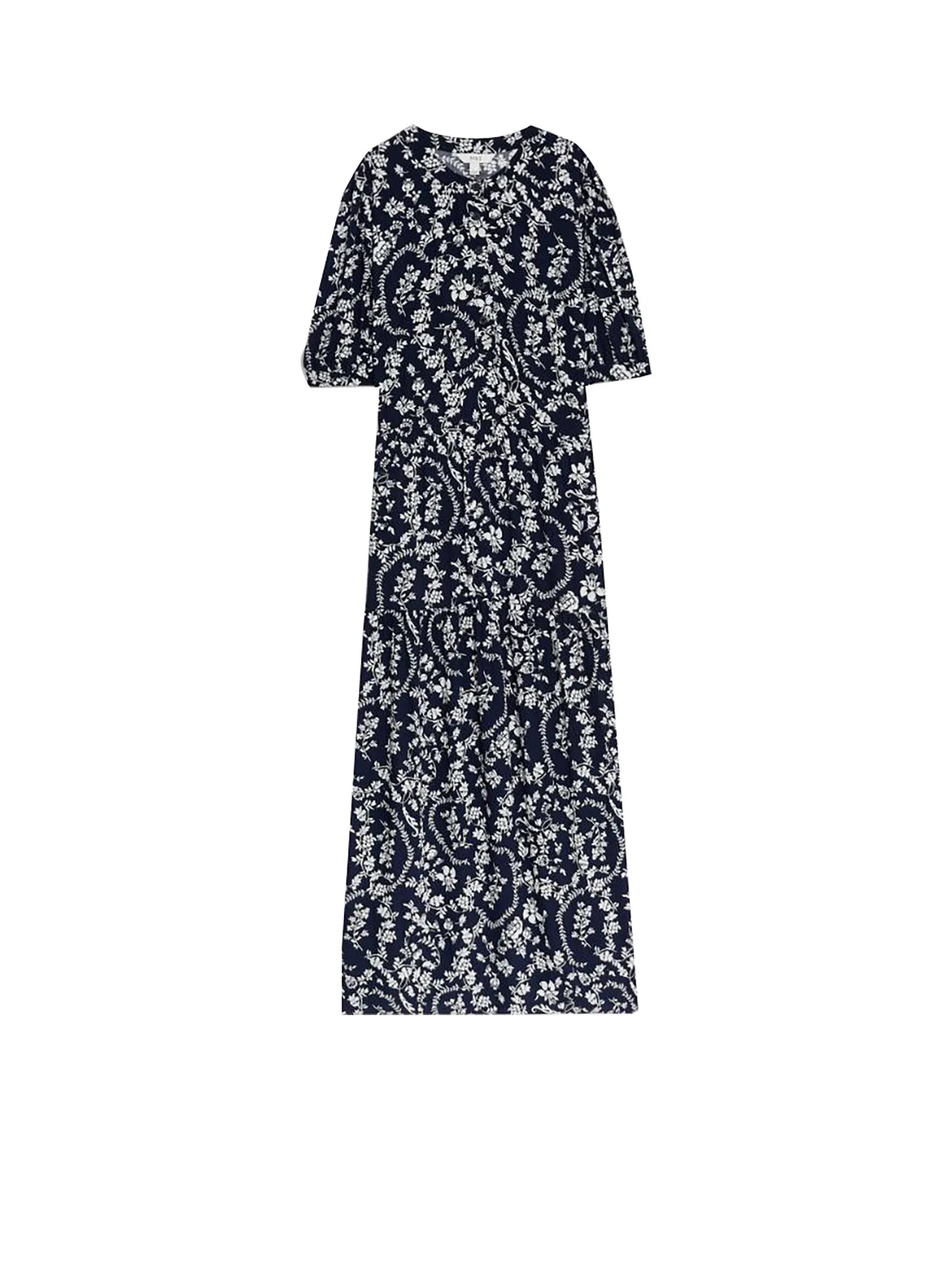 MARKS & SPENCER Women Midi Tiered Dress Floral Button Front Navy Mix