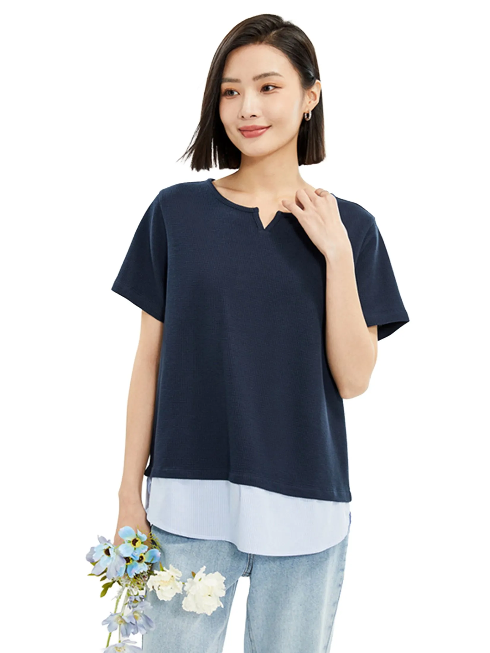 GIORDANO Women's Beau Monde Waffle Patchwork T-shirt Navy Blue