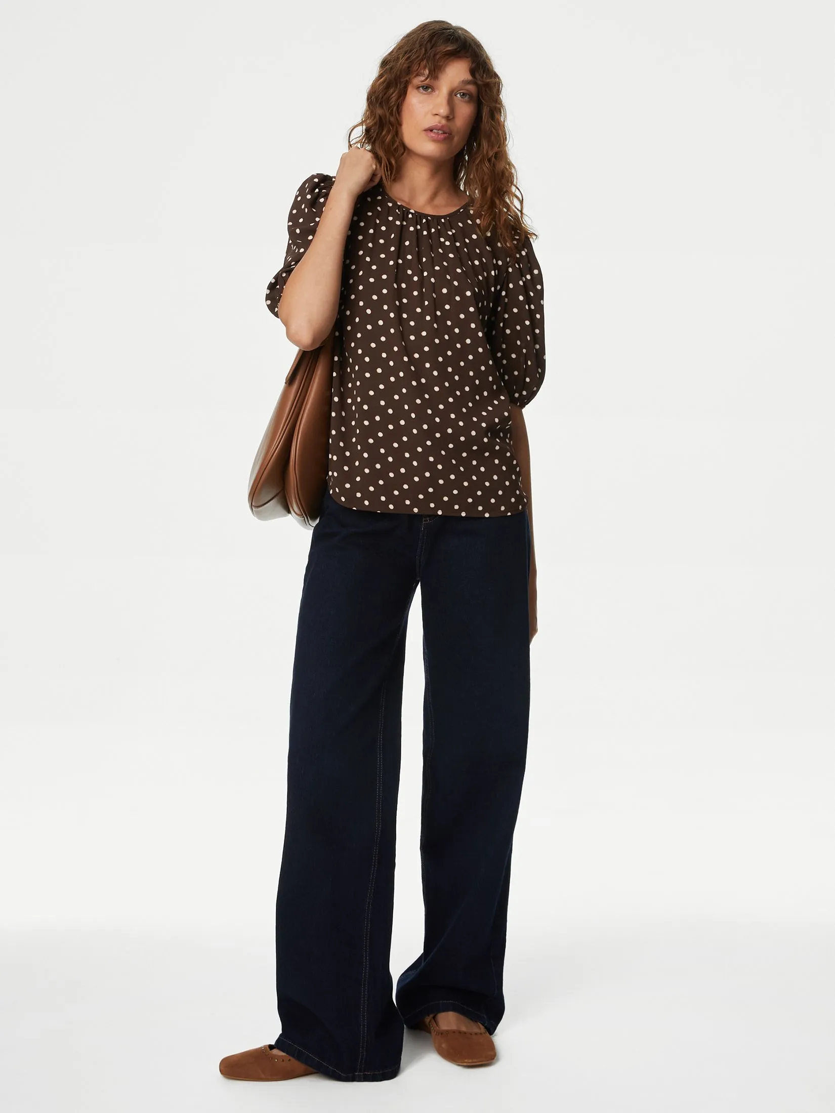 MARKS & SPENCER Women Blouse Printed Round Neck Puff Sleeve Brown Mix