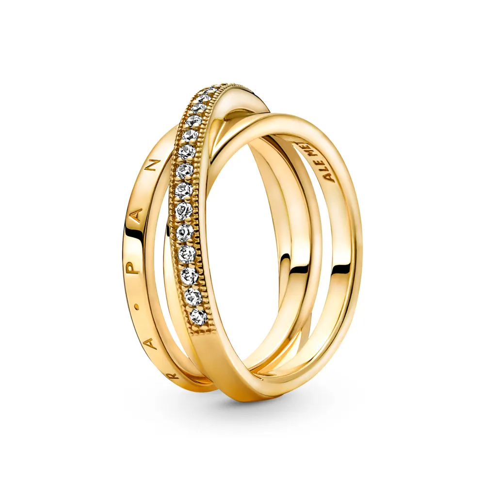 PANDORA Gold Pandora logo 14k gold-plated ring with clear cubic zirconia