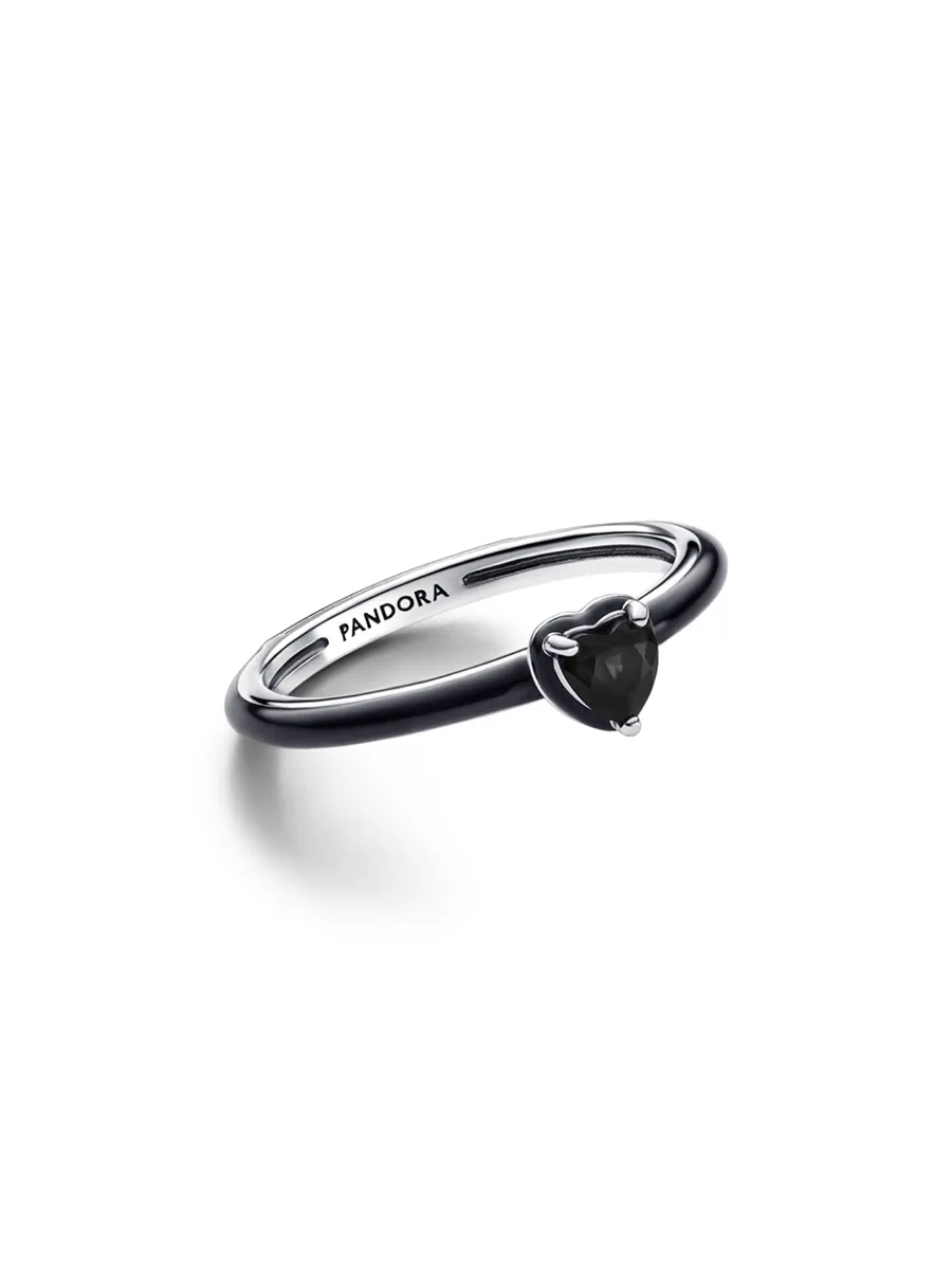 PANDORA Pandora  Heart sterling silver ring with black crystal and black enamel