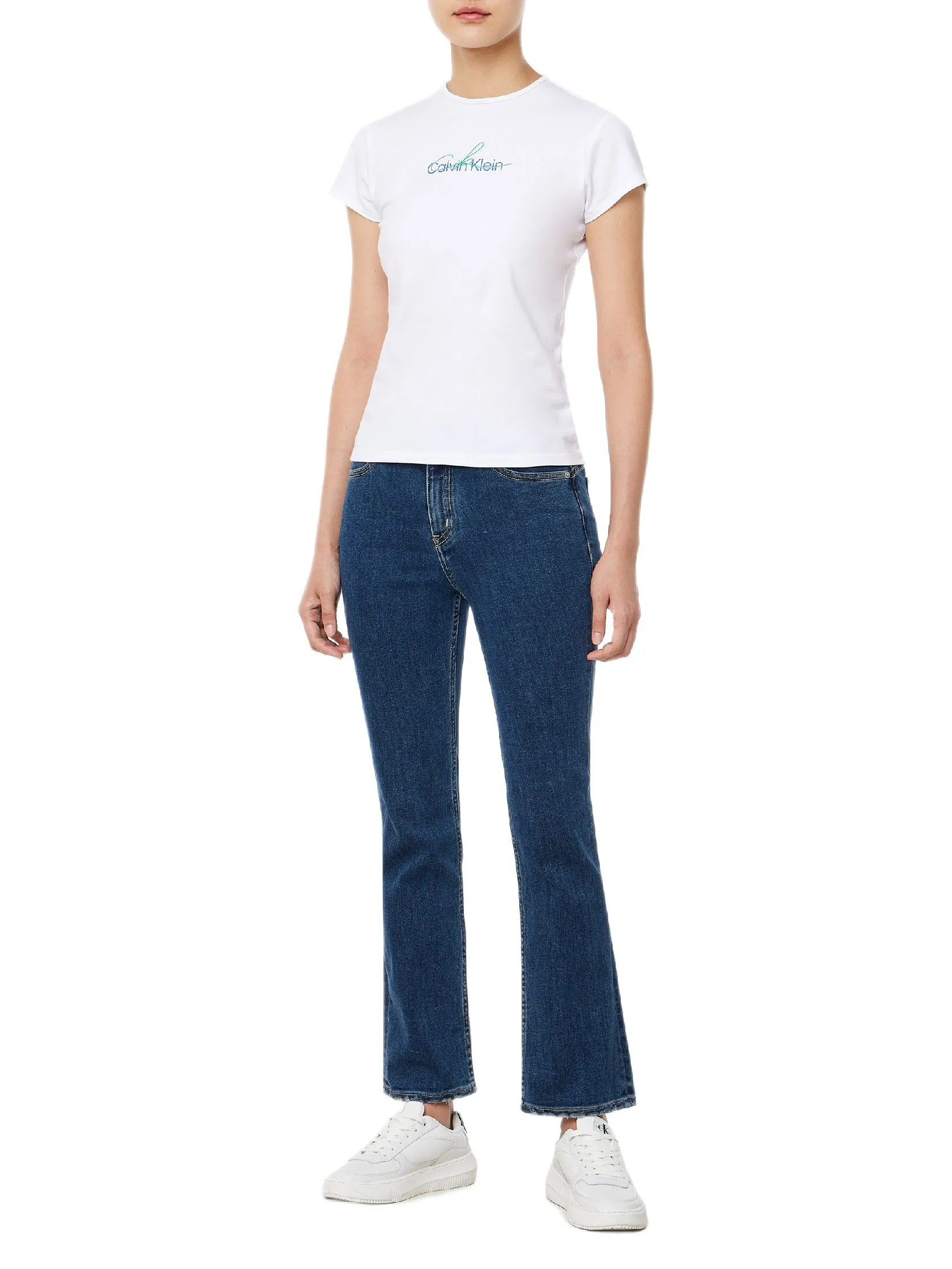 CALVIN KLEIN Women's Slim Script CK Logo Short Sleeve T-Shirt White