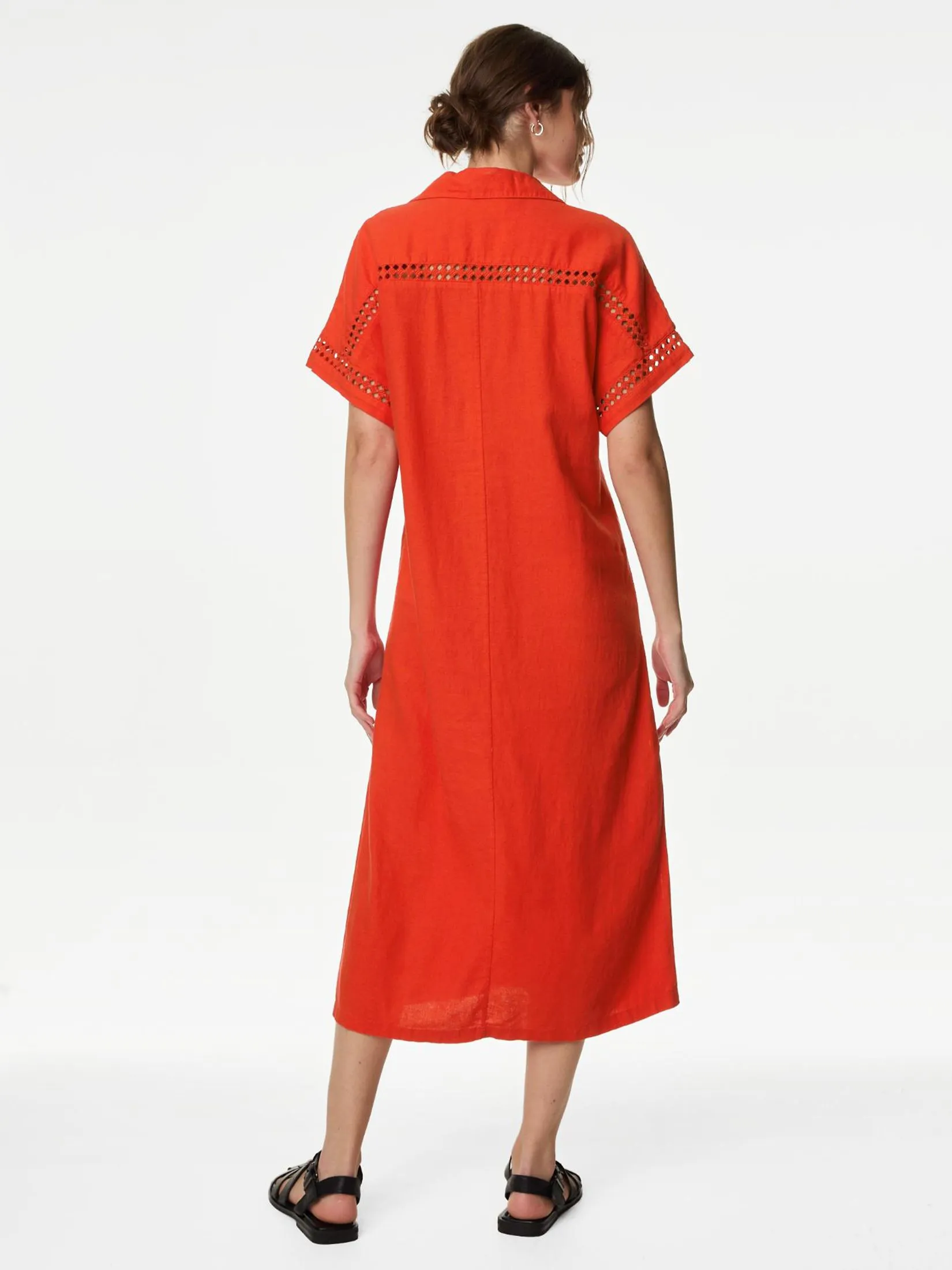 MARKS & SPENCER Women Midi Shift Dress Linen Rich V-Neck Collared