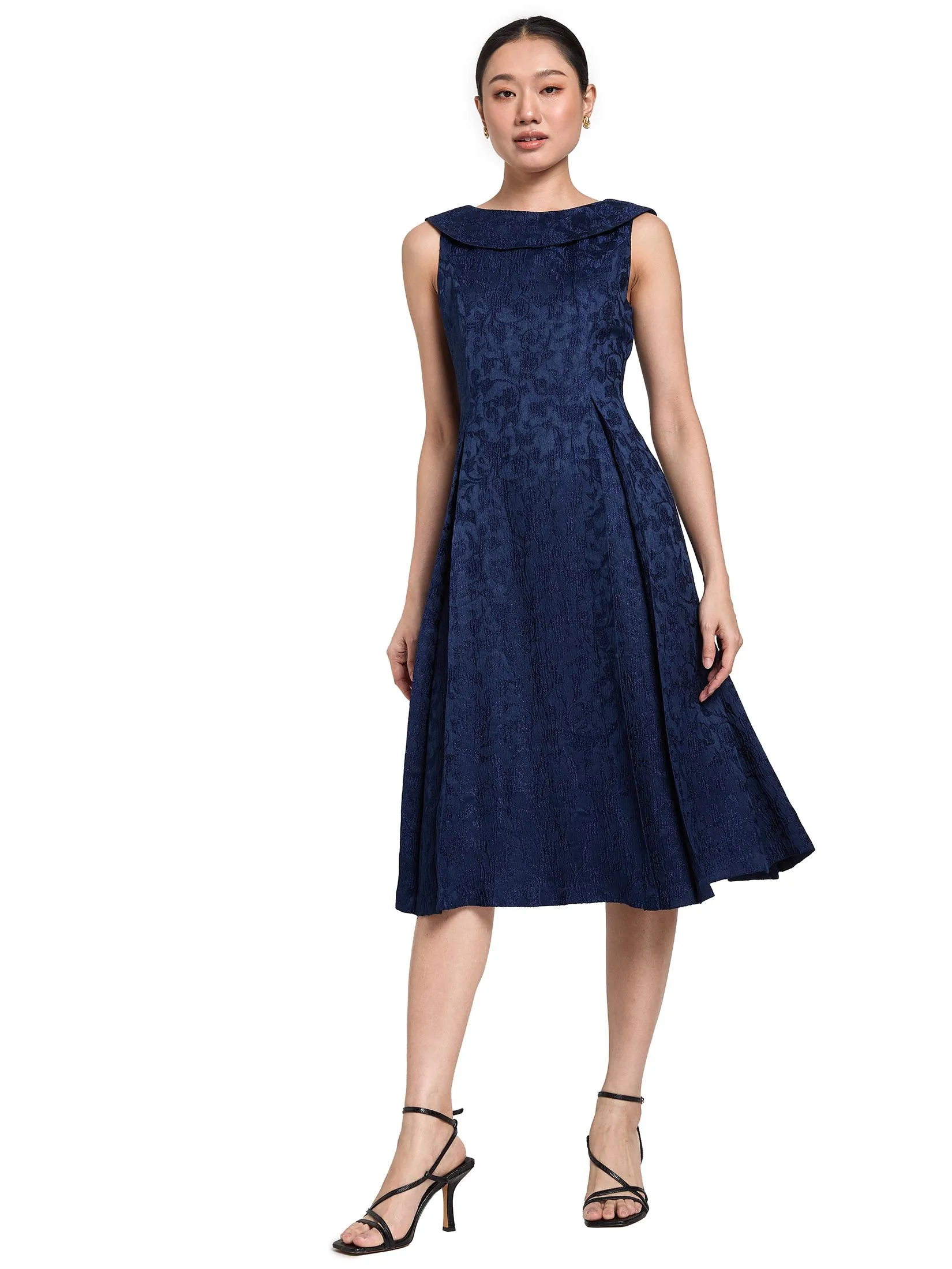 EXPRESSIONS EVENING Women Midi Dress With Collared Boat Neck and Pleat Detail Navy Size - L