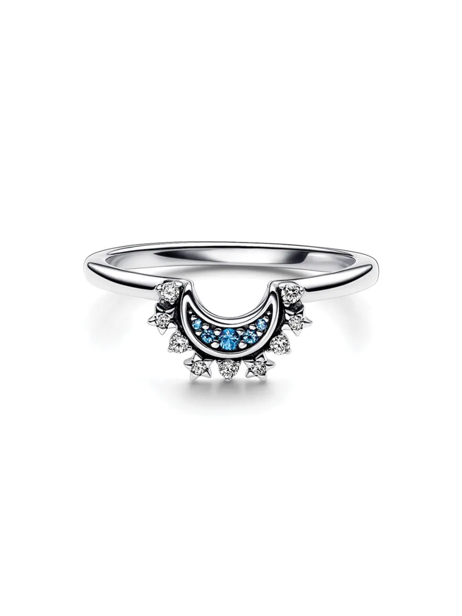 PANDORA Silver Celestial moon sterling silver ring with night blue crystal and clear cubic zirconia