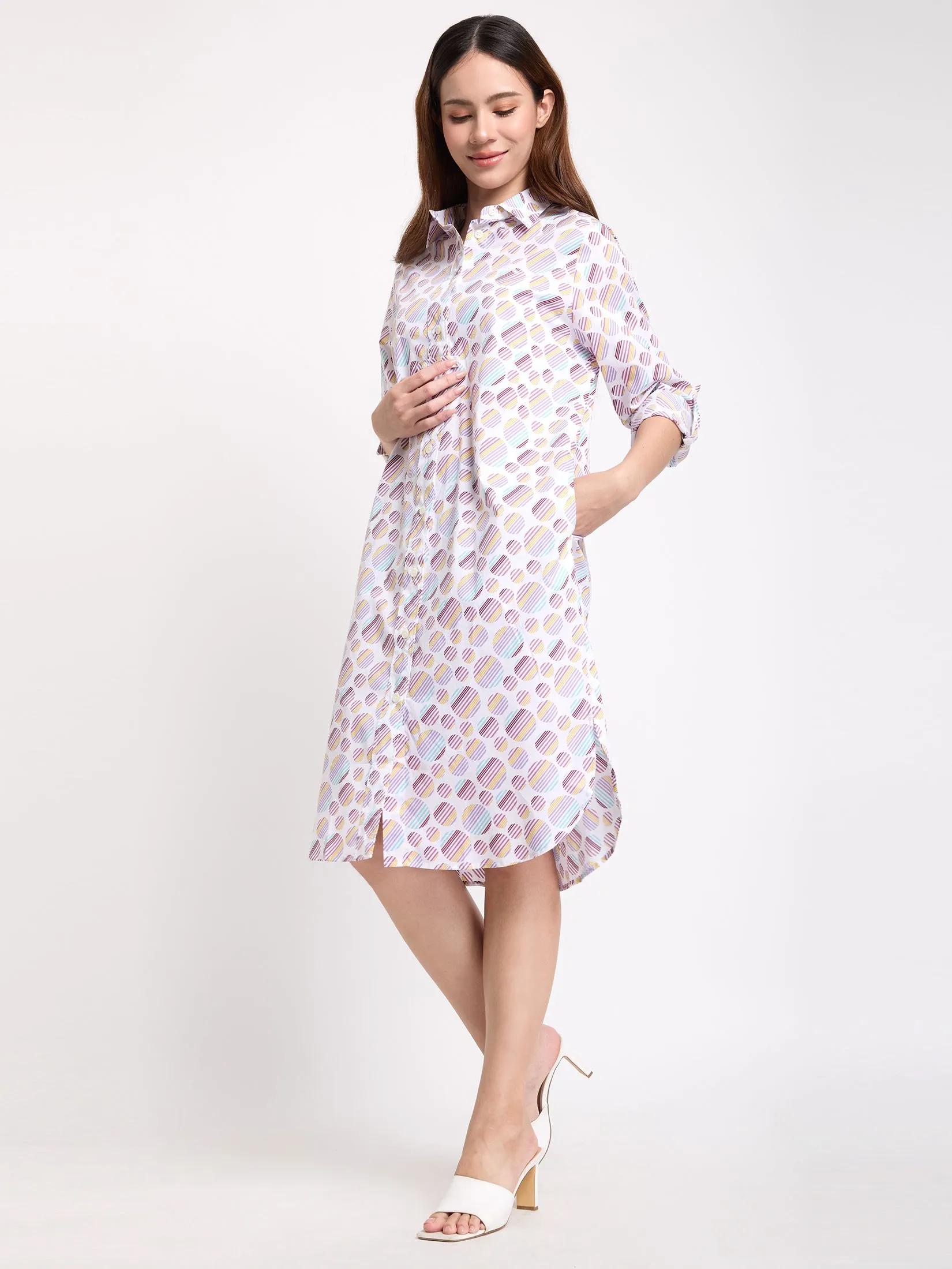 ALUMNUS Women Dress Long Sleeves Collar Neck Print Off White