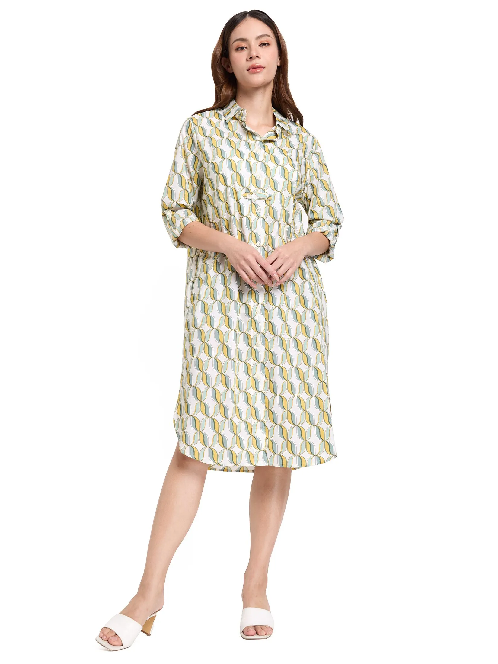 ALUMNUS Women Dress Long Sleeves Collar Neck Print Yellow Size - L