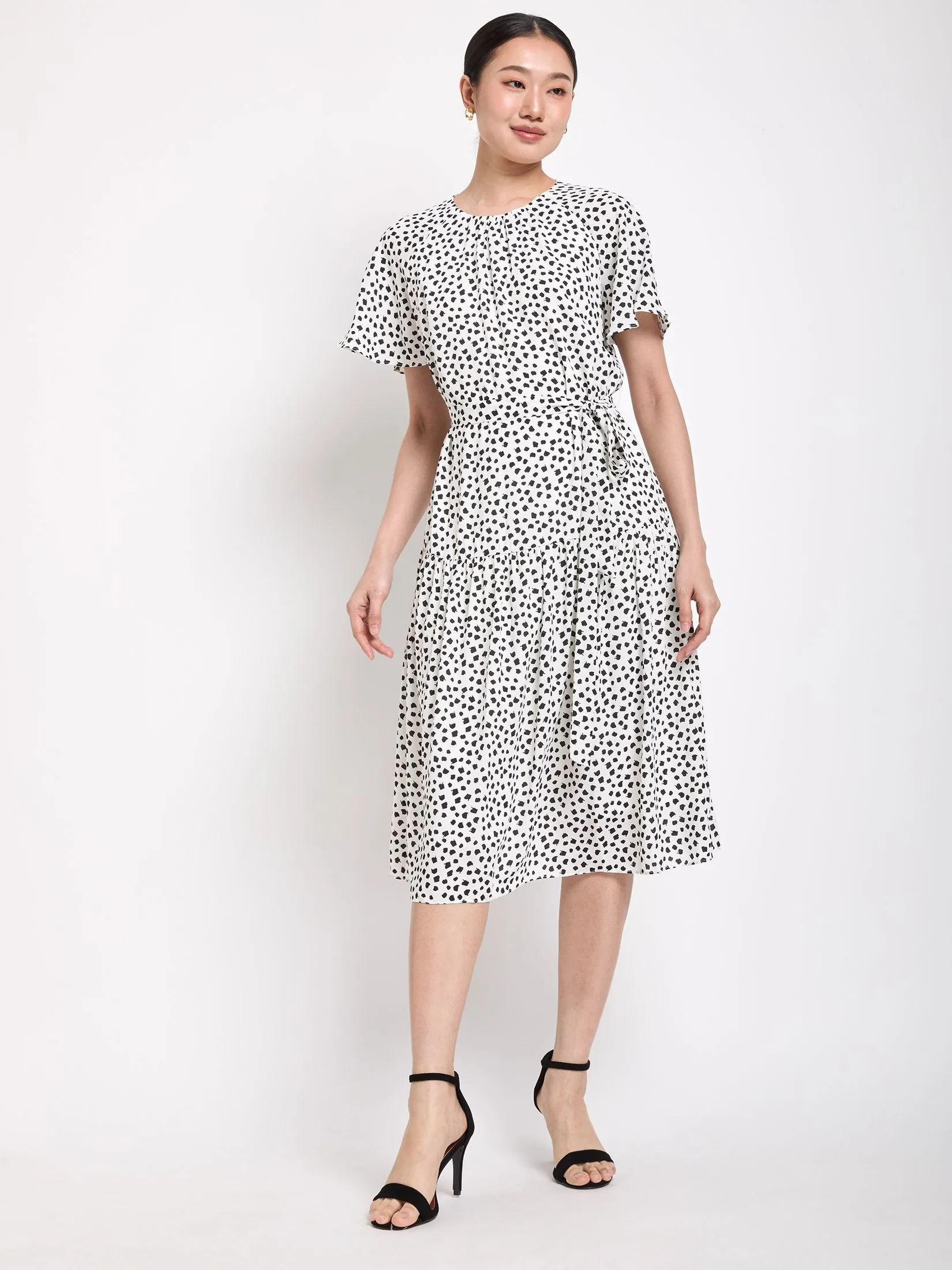 EXPRESSIONS Women Dress Bell Sleeves with Ruffle and Waist Sash