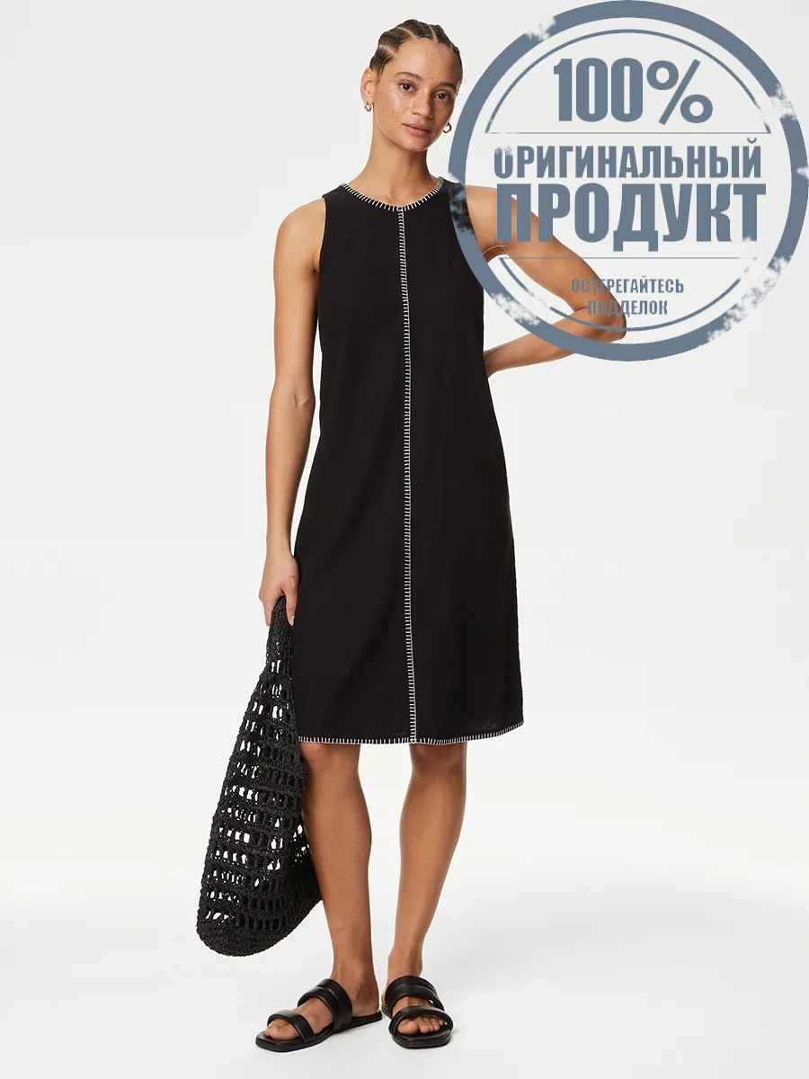 MARKS & SPENCER Women Dress Stitch Detail Shift Linen Rich Black Size - 10 Short