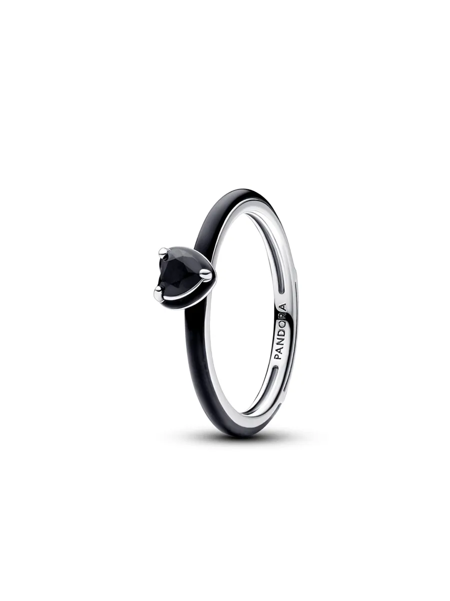 PANDORA Pandora  Heart sterling silver ring with black crystal and black enamel