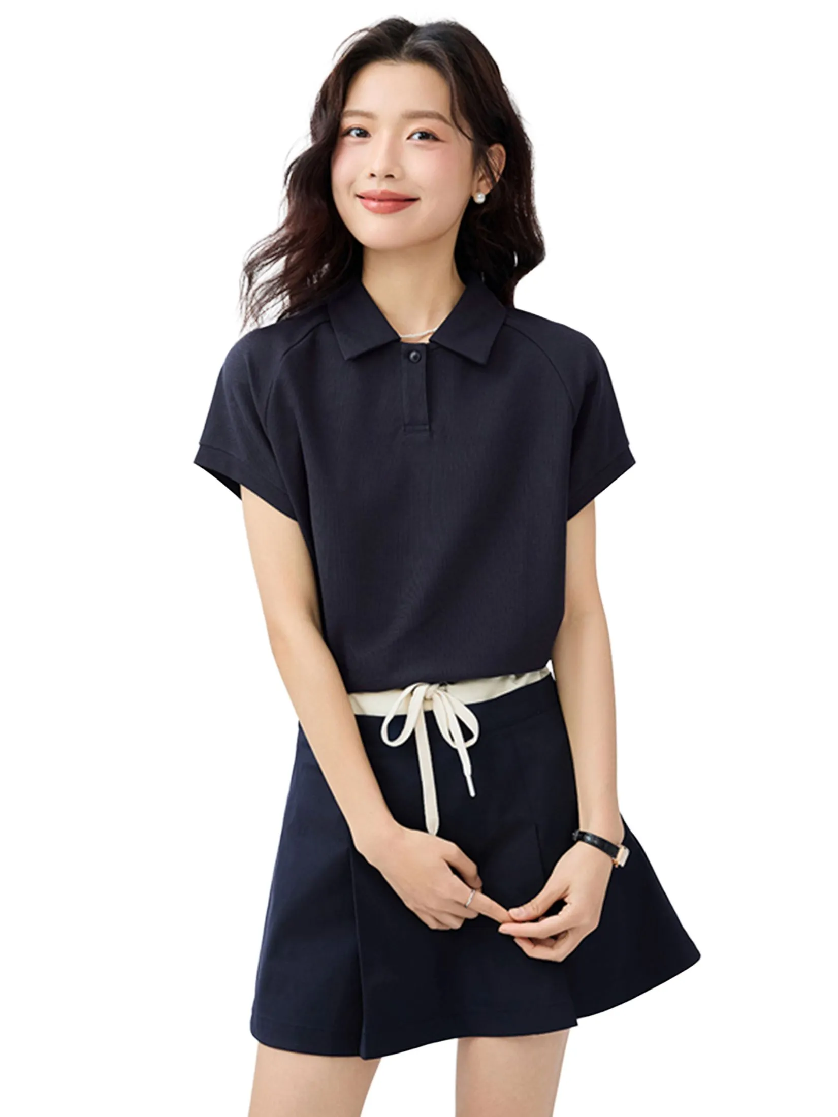 GIORDANO Women's Beau Monde Raglan Cool-touch Polo Shirt Navy Blue