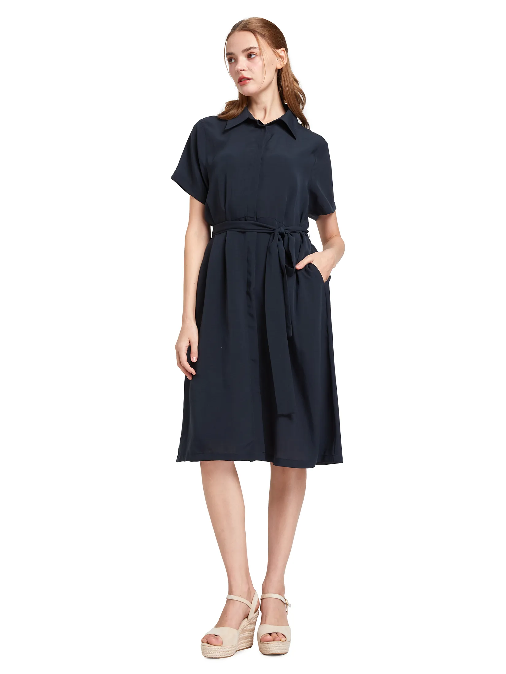 EASY PIECES Women Dress Short Sleeves Collar Neck Navy