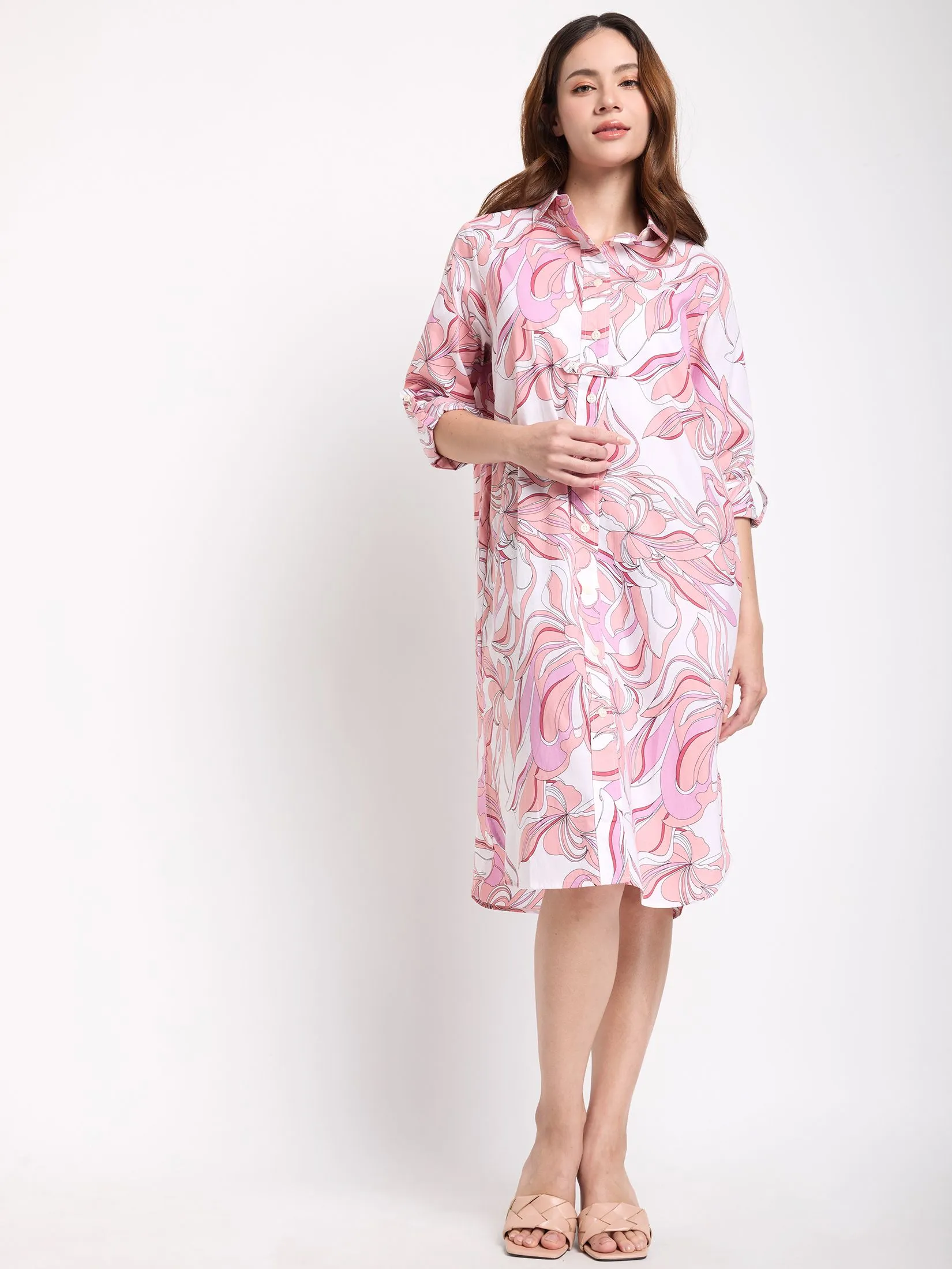 ALUMNUS Women Dress Long Sleeves Collar Neck Print Pink