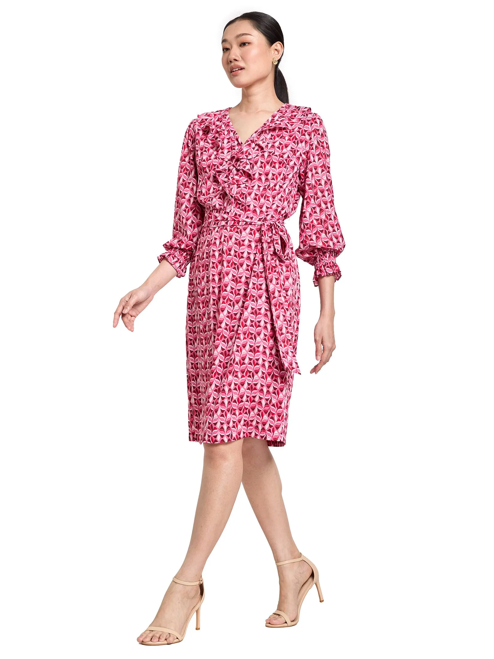 EXPRESSIONS Women Dress With Long Sleeve And Ruffle V-Neck