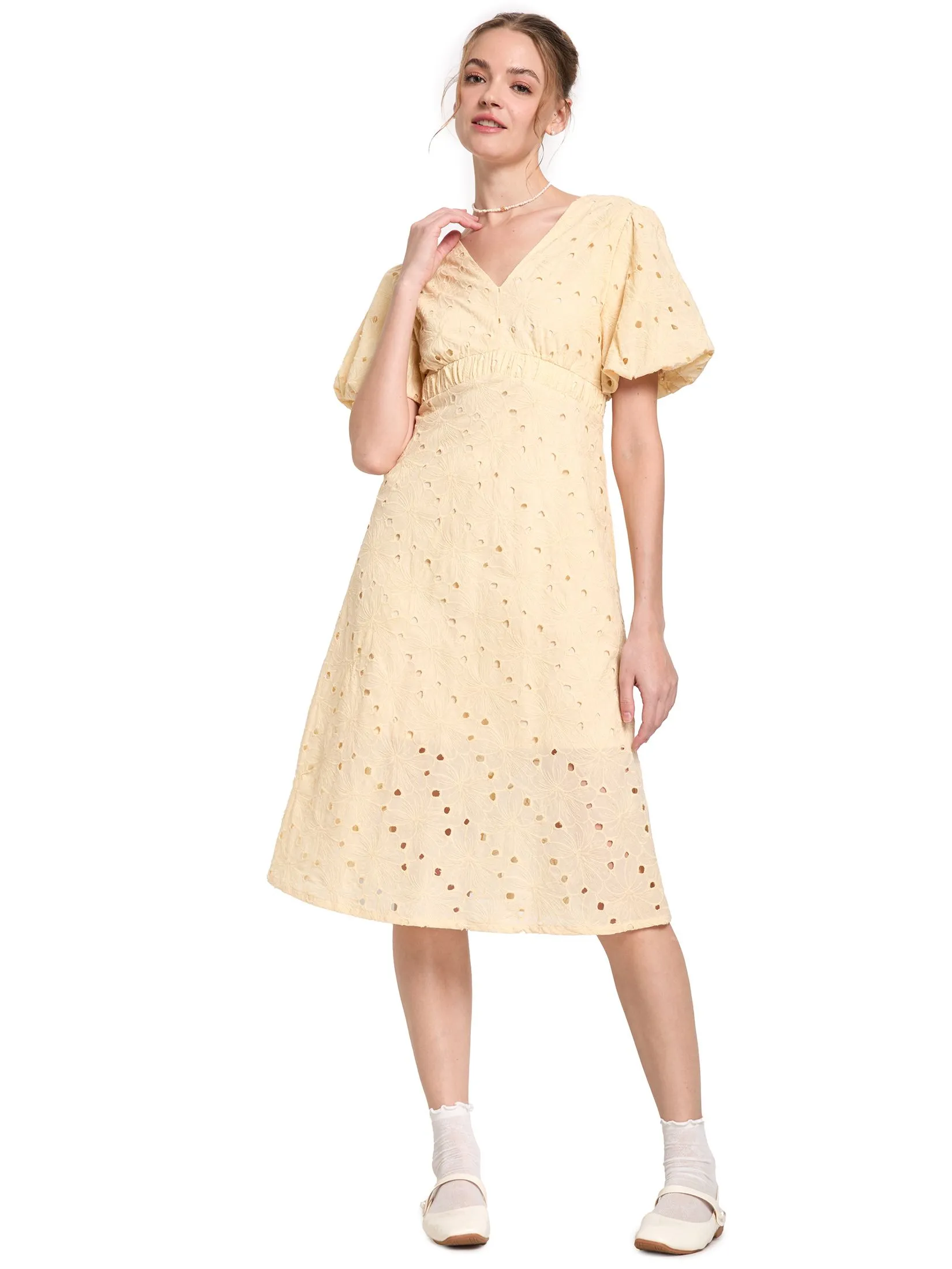 LOLITA Women Midi Dress V-Neck With Puff Sleeves Eyelet Lace