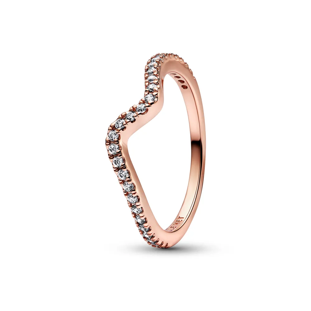 PANDORA Rose Wave 14k rose gold-plated ring with clear cubic zirconia
