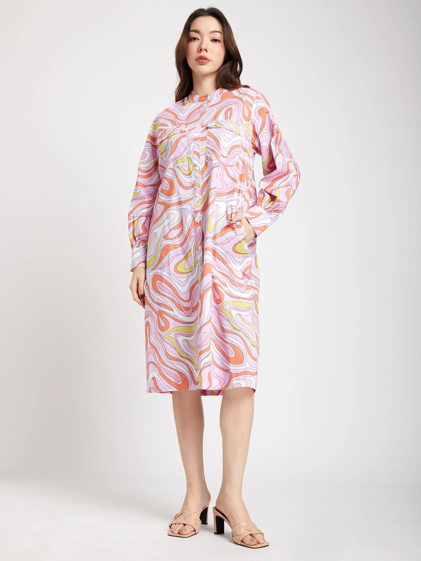 ALUMNUS Women Dress Long Sleeves Collar Two Pockets on Chest Print Pink