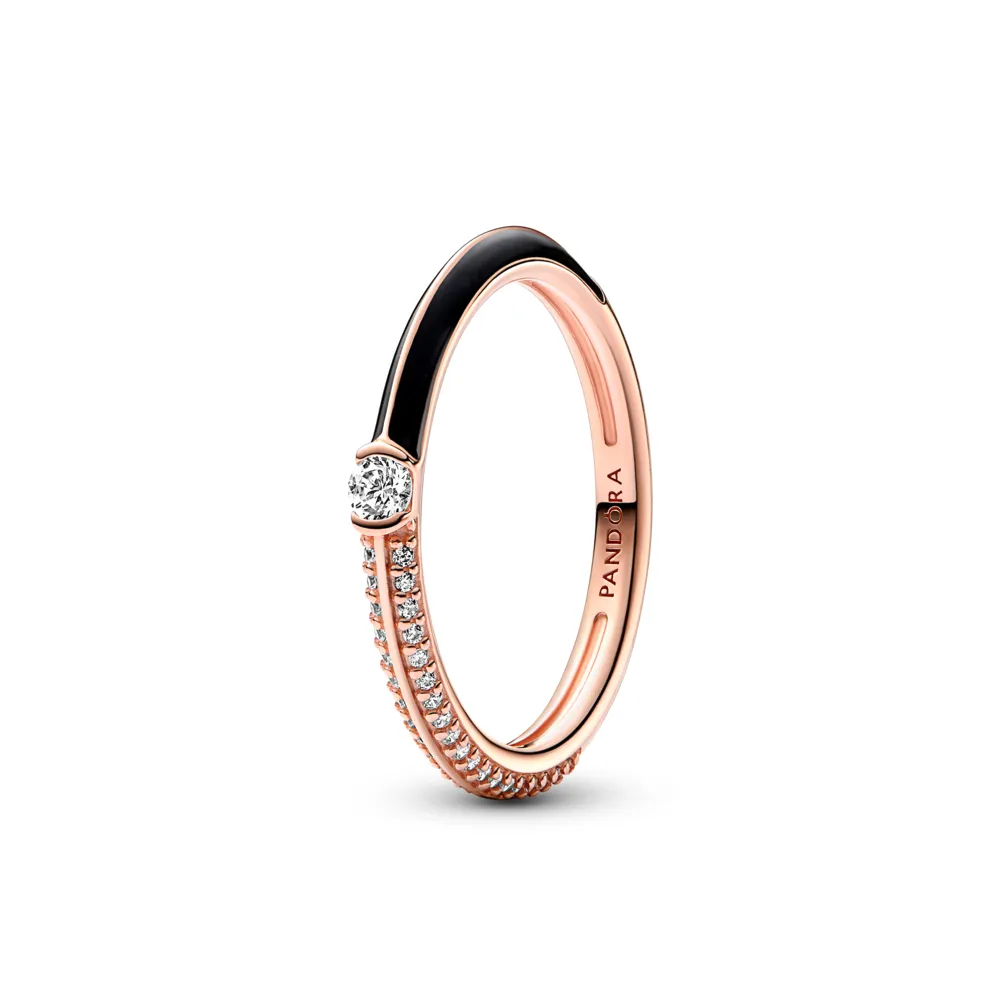 PANDORA Rose 14k Rose gold-plated ring with clear cubic zirconia and black enamel