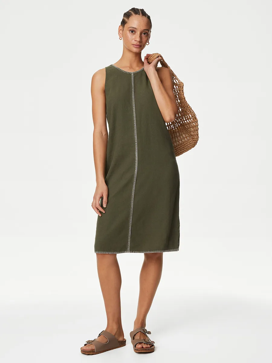 MARKS & SPENCER Women Dress Stitch Detail Shift Linen Rich Hunter Green
