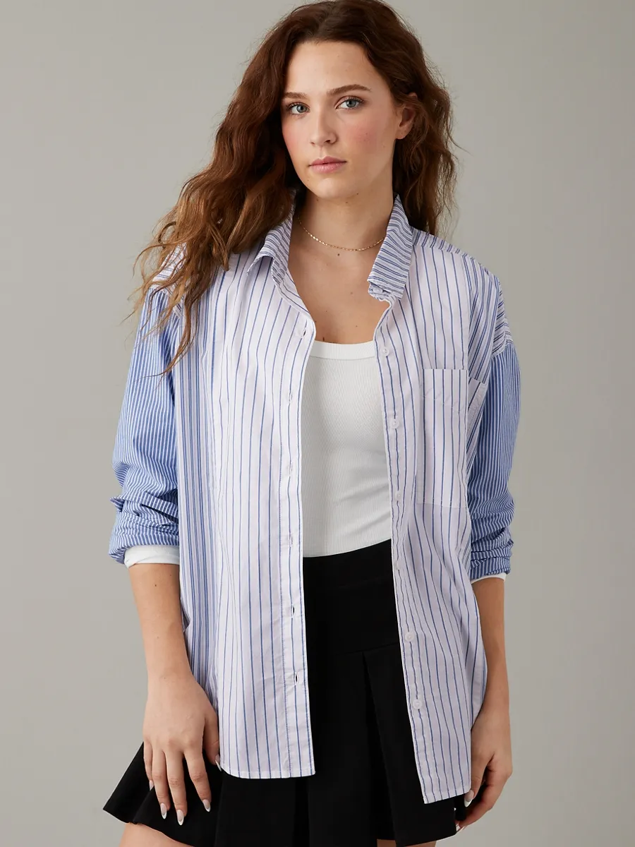 American Eagle WOMEN 5682 CORE PERFECT SHIRT STRIPE MIX 400 BLUE