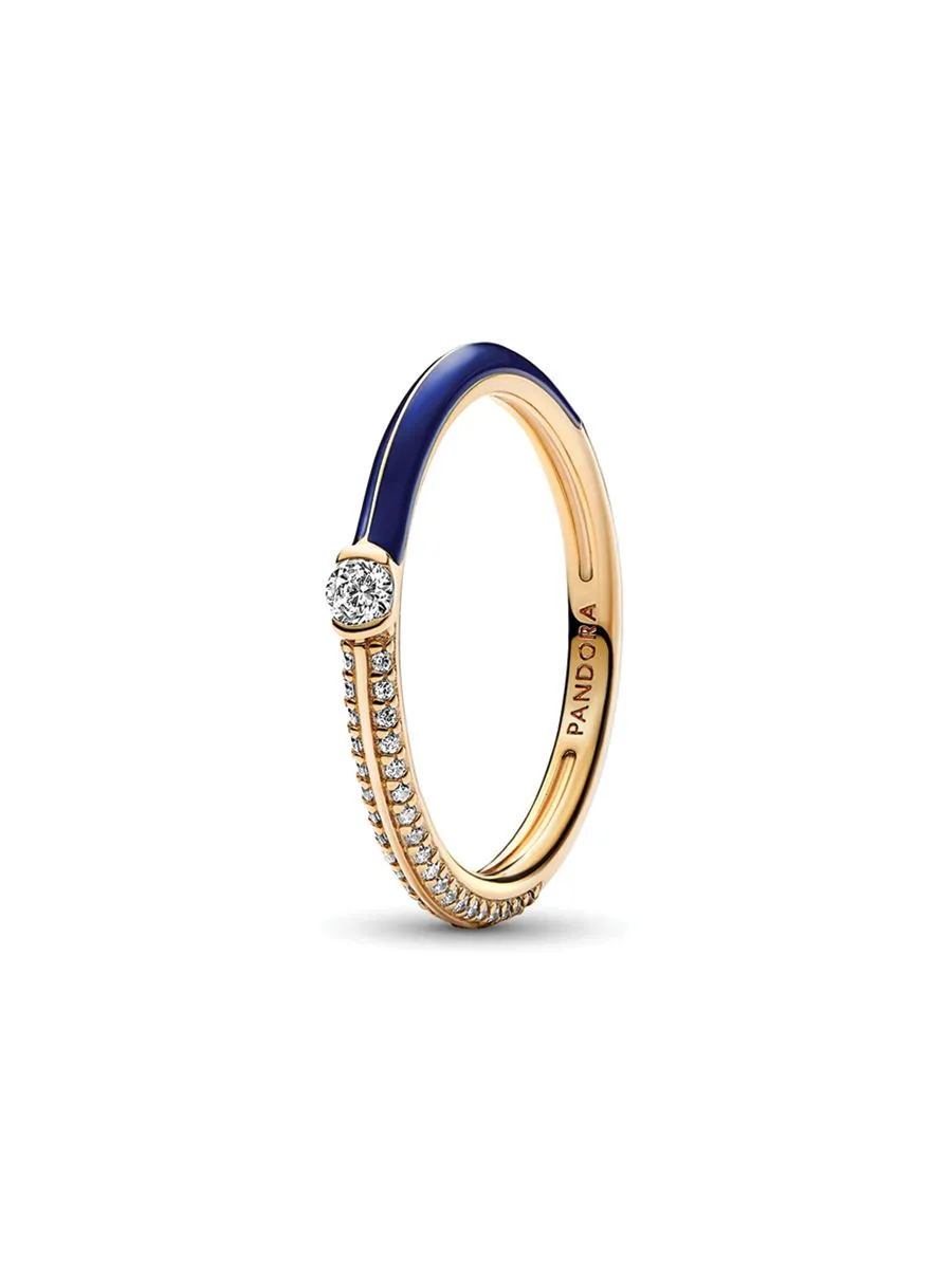PANDORA Gold 14k gold-plated ring with blue enamel and clear cubic zirconia