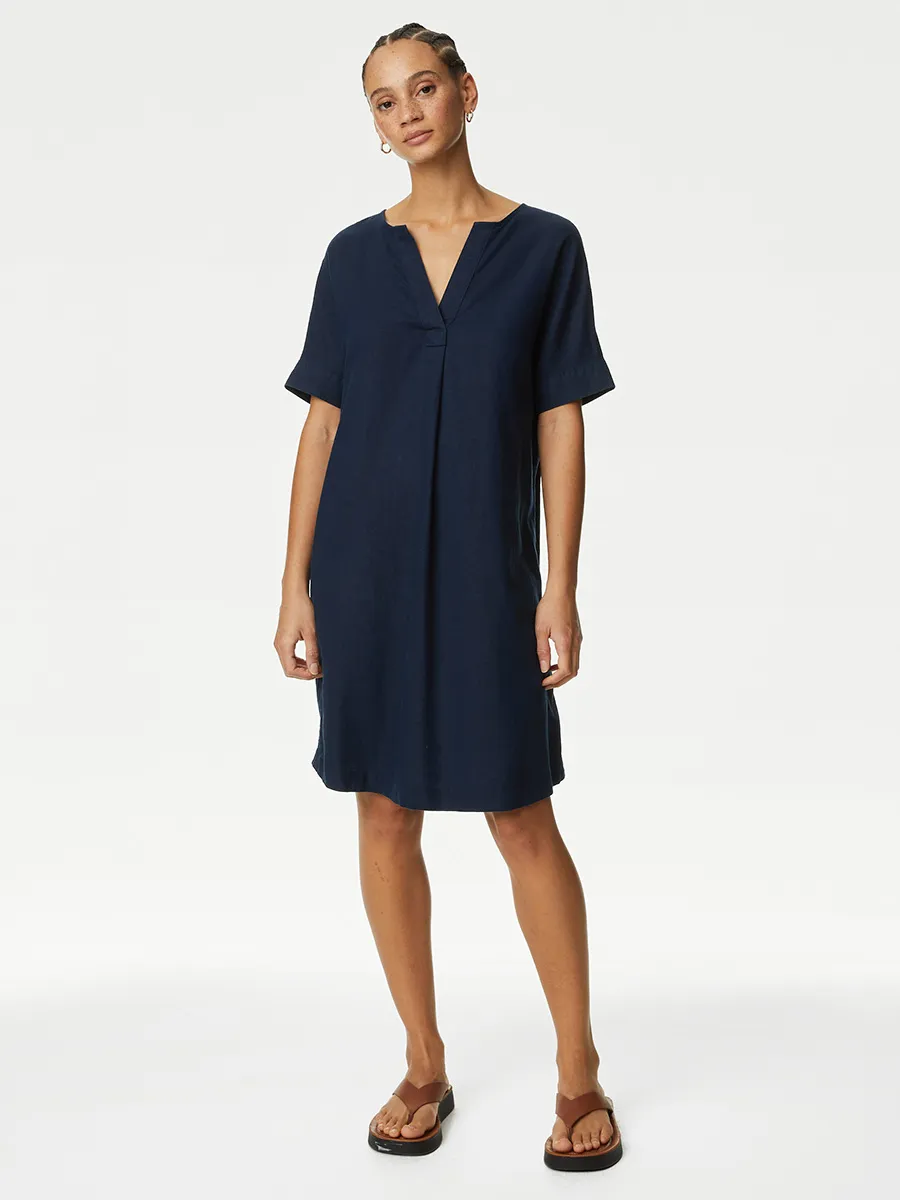 MARKS & SPENCER Women Dress V-Neck Knee Length Shift Linen Rich Navy