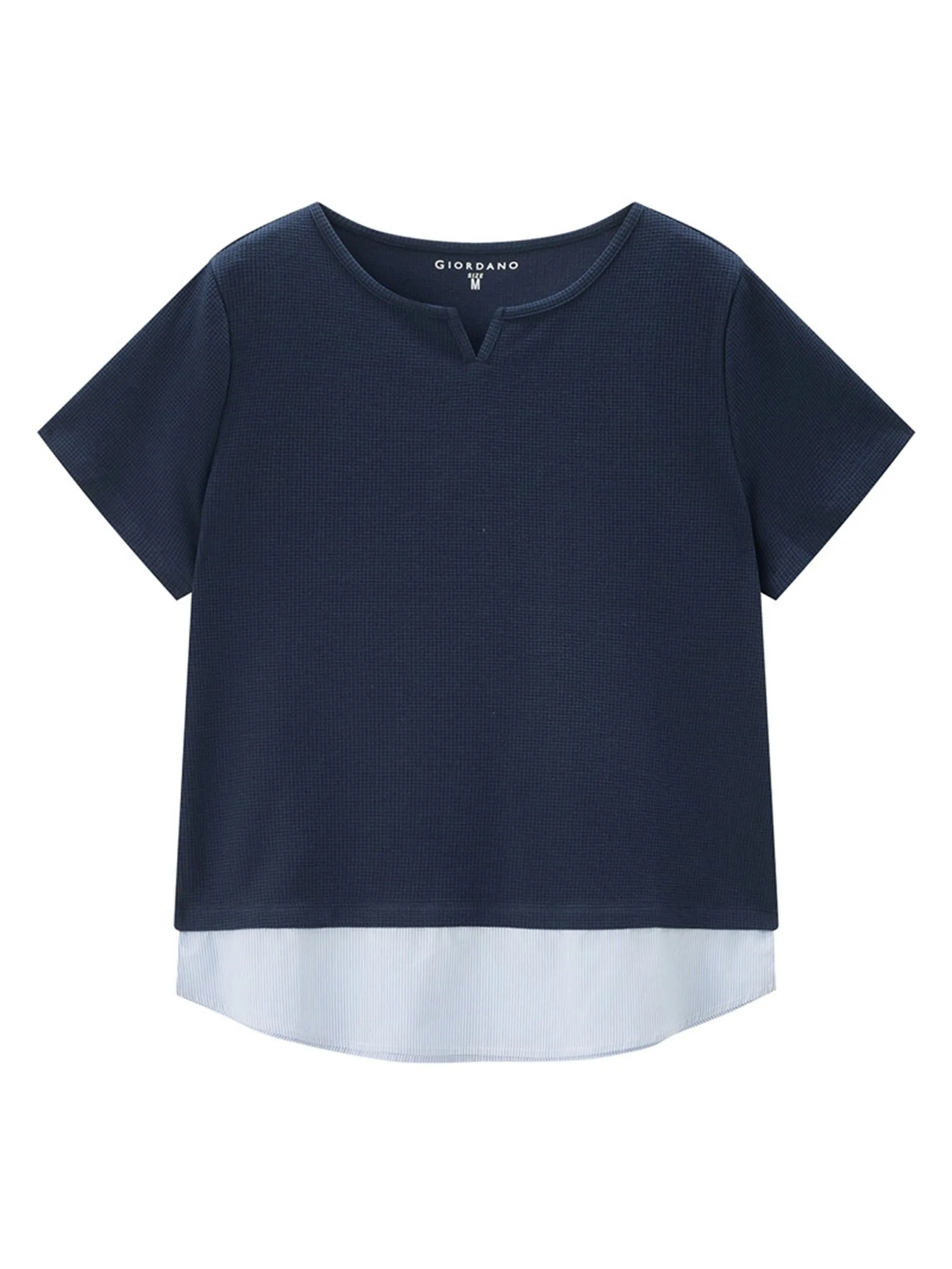 GIORDANO Women's Beau Monde Waffle Patchwork T-shirt Navy Blue