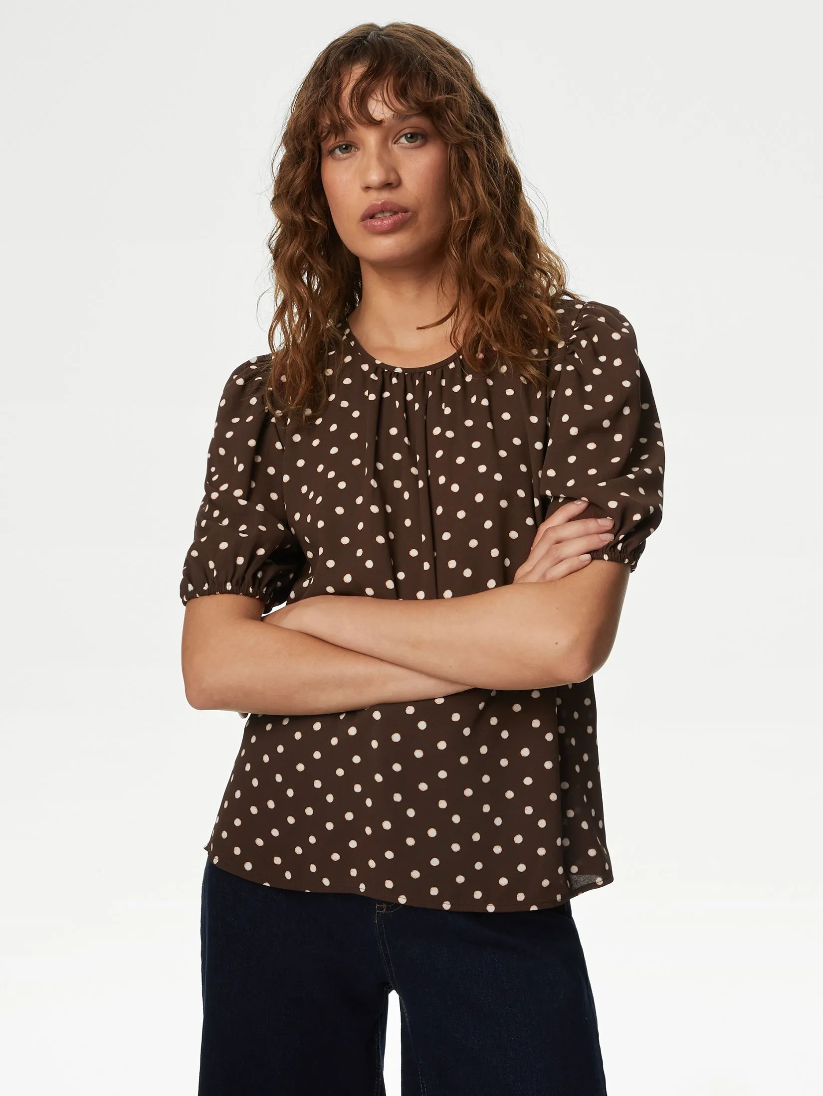 MARKS & SPENCER Women Blouse Printed Round Neck Puff Sleeve Brown Mix