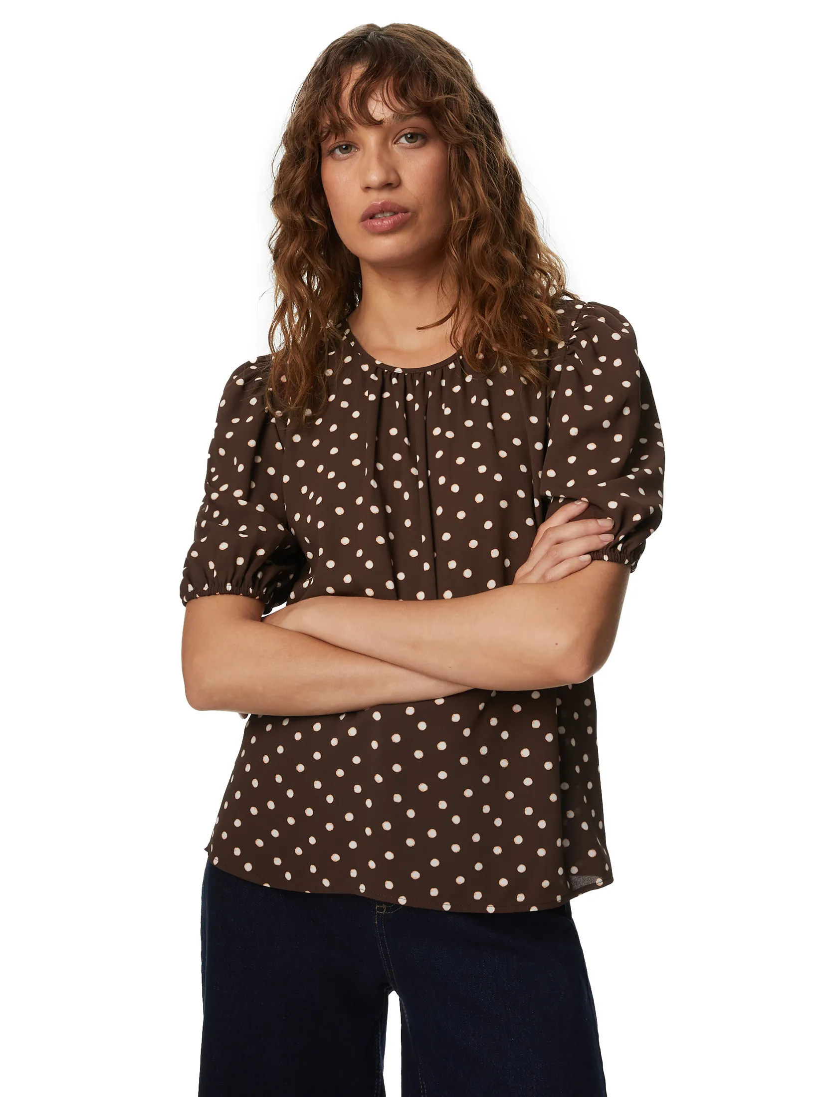 MARKS & SPENCER Women Blouse Printed Round Neck Puff Sleeve Brown Mix