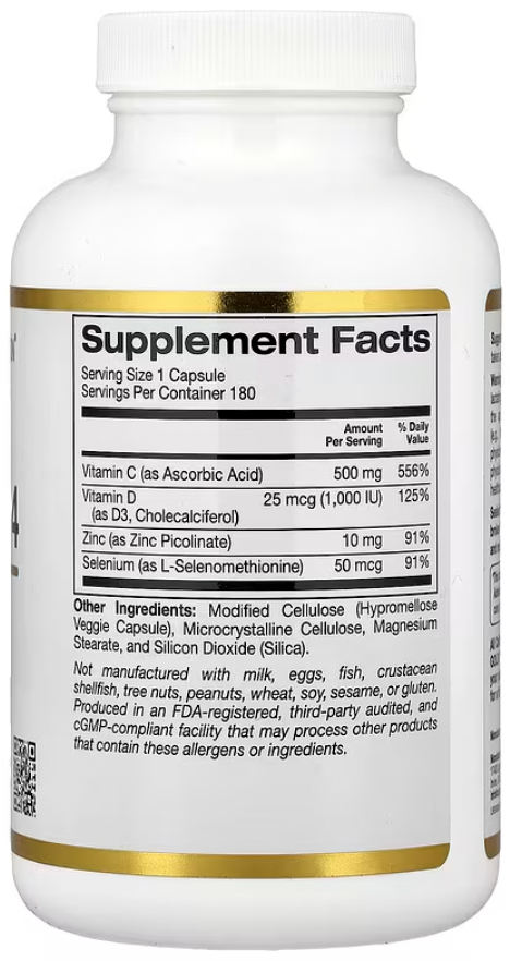 California Gold Nutrition, Defender 4, с витамином C, витамином D, цинком и селеном, 180 растительных капсул