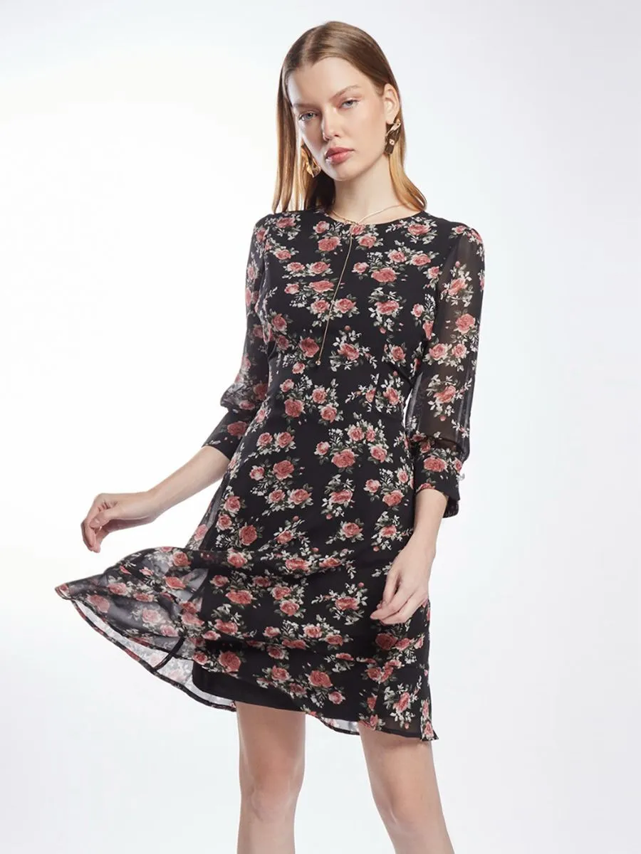 ESPADA Rose Print Chiffon Dress Women Black
