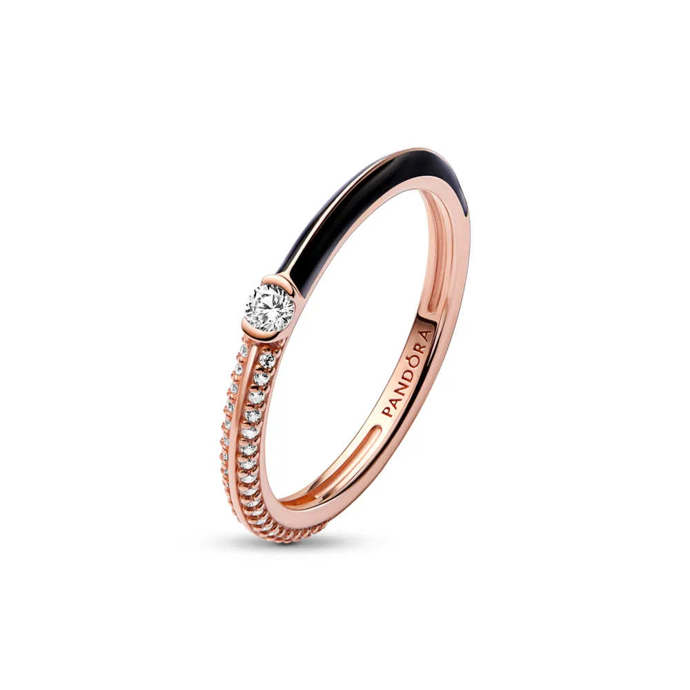 PANDORA Rose 14k Rose gold-plated ring with clear cubic zirconia and black enamel