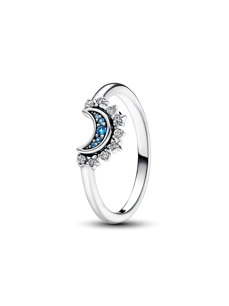 PANDORA Silver Celestial moon sterling silver ring with night blue crystal and clear cubic zirconia