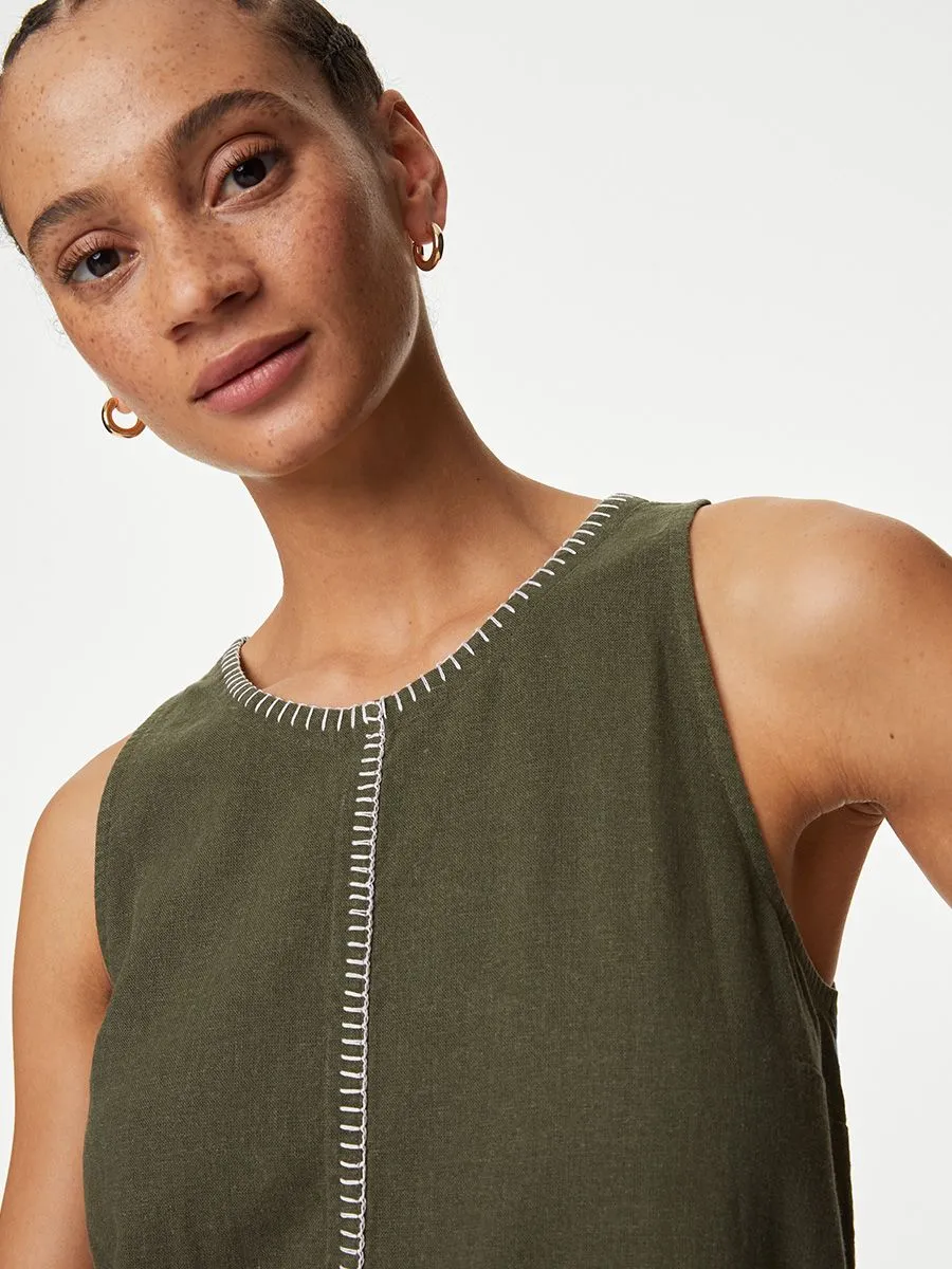 MARKS & SPENCER Women Dress Stitch Detail Shift Linen Rich Hunter Green
