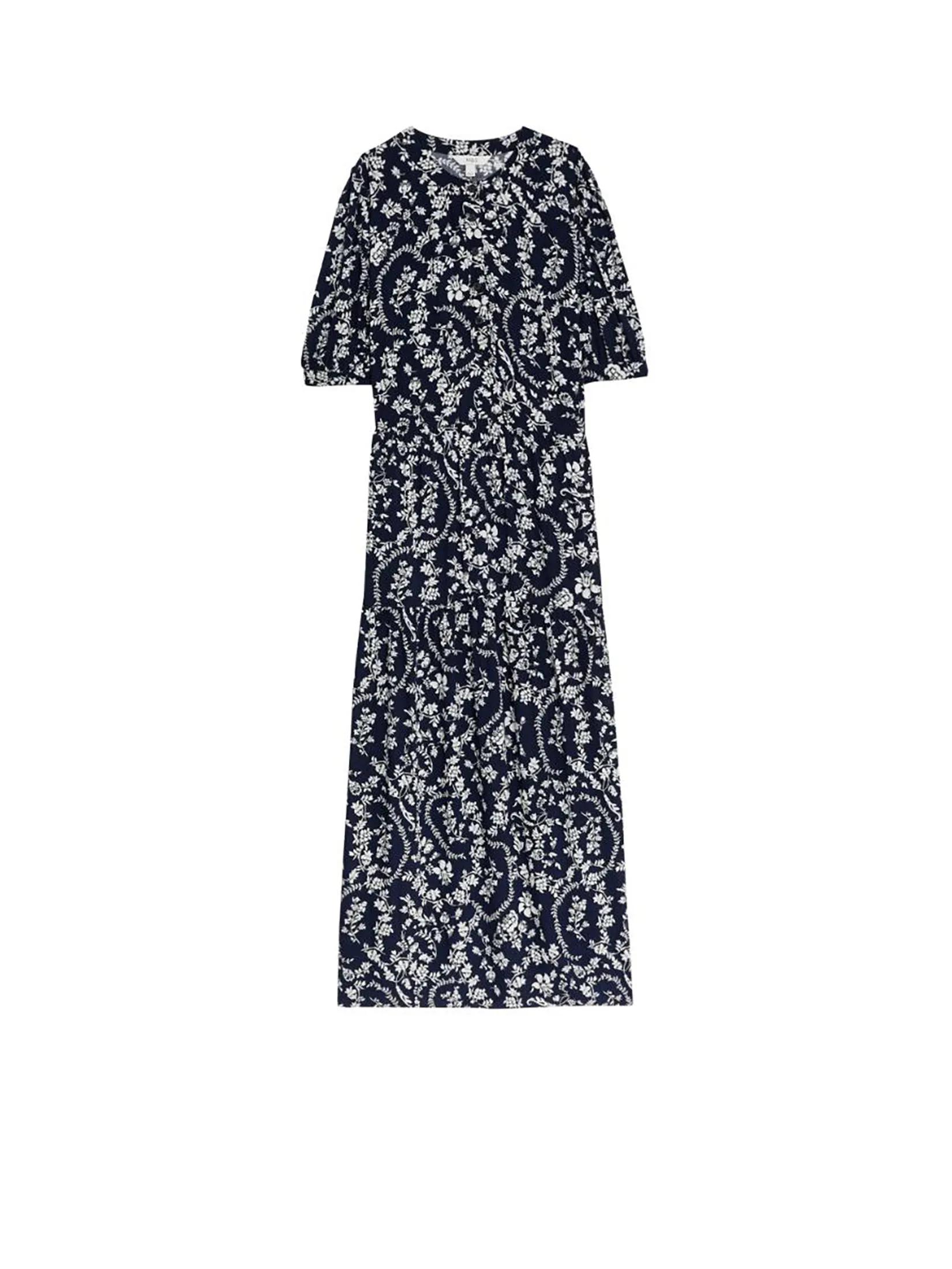 MARKS & SPENCER Women Midi Tiered Dress Floral Button Front Navy Mix