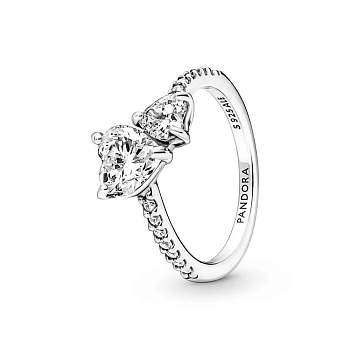 PANDORA Silver Double heart sterling silver ring with clear cubic zirconia